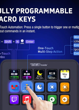 VSDINSIDE Macro Keypad, Stream Controller Deck Gaming Streaming Shortcut Keyboard, 18 Programmable Keys Customizable Visual AI Pad USB Soundboard for OBS, YouTube, Desk Office Setup, Laptop, PC, Mac