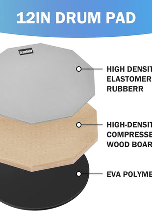 Drum Practice Pad for drumming drum pad and sticks 12 In,Sided With 2 Pairs/4 Maple 5A Drum Sticks & Storage Bag(Gray)