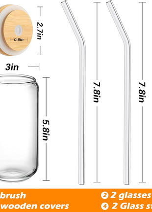 WISIMMALL Drinking Glasses with Bamboo Lids and Glass Straw 2PCS Set, 16oz Glass Cups with Lids and Straws, Beer, Iced Coffee Glasses, Soda, Gift 1 Cleaning Brushes