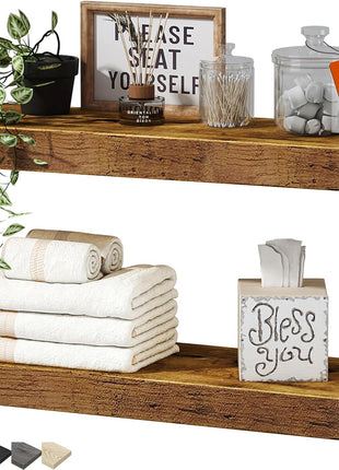 QEEIG Bathroom Floating Shelves for Wall - 15.7" Wall Mounted Shelf Over Toilet Farmhouse Home Decor Display Bookshelf Small 15.7 x 6.7 inch Set of 2, Rustic Brown (008-40BN)