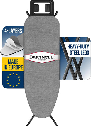 Bartnelli by Rorets Ironing Board Made in Europe | Iron Board with 4 Layered Cover & Pad, Height Adjustable up to 36" Features A Safety Iron Rest, 4 Steel Legs, for Laundry Room or Dorm Use (43x13)