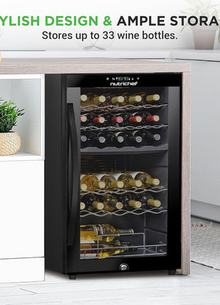 Nutrichef 33 Bottle Wine Fridge | Dual Zone Wine Cooler | Adjustable Temperature Control 41°F to 64°F | Ultra Quiet Operation | Freestanding Wine Chiller for Home & Office | 33x19x17 IN