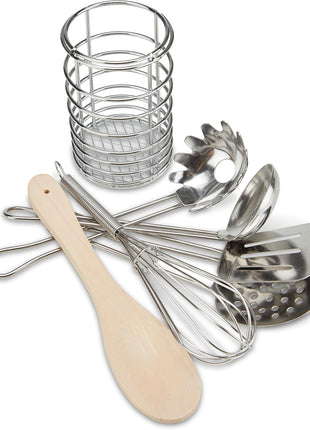 Melissa & Doug Stir & Serve Cooking Utensils (7 pcs) - Stainless Steel & Wooden Play Kitchen Accessories, Preschool Learning Toys for Girls & Boys 3+