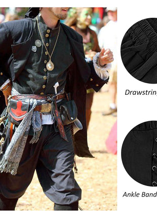 Men's Ankle Banded Pants Medieval Viking Navigator Pirate Costume Trousers Renaissance Gothic Pants, Black, Large