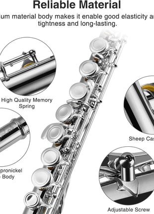 POGOLAB Flutes, Closed Hole C 16 Keys Flute Instrument, Student Flute for Beginner Advanced Player, with Cleaning Kit, Carry Bag, Strap, Probe Rod, Gloves (Nickel)