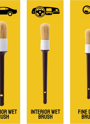 Car Detailing Brush Set 3-pc - Scratch-Free Boars Hair for Interior and Exterior Work - Pro Quality Car Cleaning Brush Kit for Leather Seats, Dashboards, Wheels, Grills and Paint