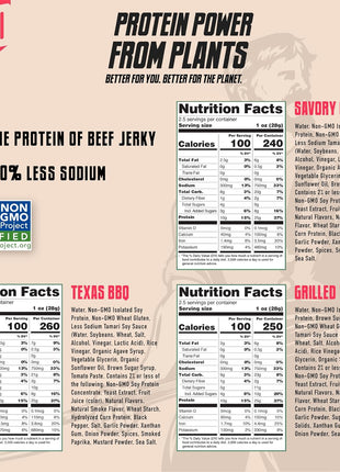 AGRO POWER Vegan Jerky Variety Pack, Savory Original, Texas BBQ, Grilled Teriyaki Plant-Based Jerky, Non-GMO, High Protein, 40% Less Sodium, Zero Cholesterol, Meatless Vegetarian Healthy Snack, 3 Pack