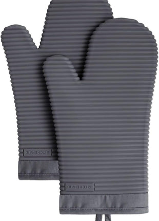 KITCHENAID Ribbed Soft Silicone Oven Mitt 2 Pack Set, 7.5 inchx13 inch, Milkshake