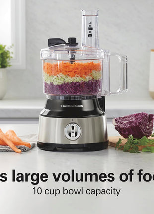 Hamilton Beach Food Processor & Vegetable Chopper for Slicing, Shredding, Mincing, and Puree, 10 Cups + Easy Clean Bowl Scraper, Stainless Steel (70730)