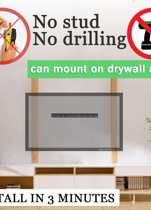 No Stud TV Wall Mount, Drywall Studless TV Hanger No Damage, No Drill, Non Screws, Dry Wall Flat Screen TVs Easy Install Bar Bracket fits VESA 12-55 inch TVs up to 99 lbs, Include Hardware Levels