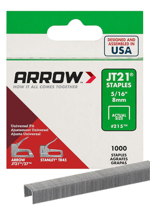 Arrow 215 JT21 Thin Wire Staples for Staple Guns and Staplers, Use for Upholstery, Crafts, General Repairs, 5/16-Inch Leg Length, 7/16-Inch Crown Width, 1000-Pack, Made in the USA