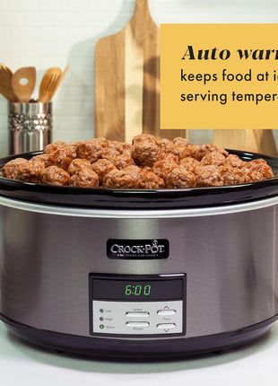 Crock Pot Large 8 Quart Programmable Slow Cooker with Auto Warm Setting Black Stainless Steel