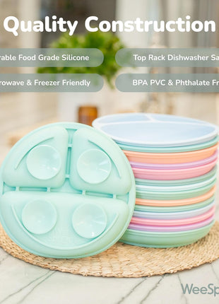 WeeSprout Suction Plates with Lids for Babies & Toddlers - 100% Silicone, Dinnerware Stays Put, Divided Design for Picky Eaters, Microwave & Dishwasher Friendly, 3 Pack