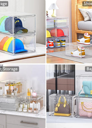 Sturdy Clear Shoe Organizer with Magnetic Door, Stackable Shoe Storage Box | Thick Plastic Shoe Storage for Sneakers & Boots, Collapsible Closet Shoe Rack and Clear Shoe Box, 6 Pack White