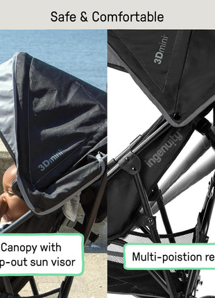 Ingenuity 3D Mini Convenience Stroller – Lightweight Stroller with Compact Fold, Multi-Position Recline, Canopy with Pop Out Sun Visor and More – Umbrella Stroller for Travel and More, Gray