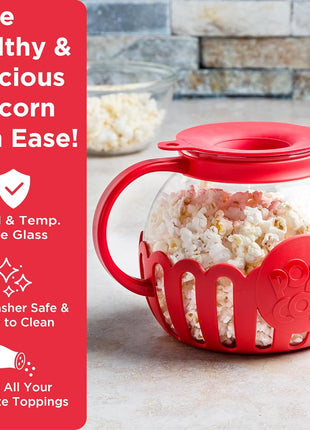 Ecolution Patented Micro-Pop Microwave Popcorn Popper with Temperature Safe Glass, 3-in-1 Lid Measures Kernels and Melts Butter, Made Without BPA, Dishwasher Safe, 3-Quart, Red