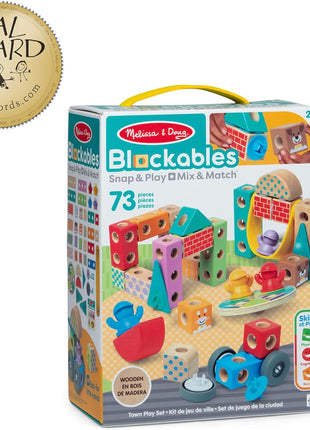 Melissa & Doug BlockablesTM Town Snap and Play, Mix and Match Connectable Wooden Building Blocks Play Set Toy for Preschool Boys and Girls (73 Pcs)