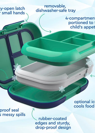 Bentgo Chill Kids 4-Compartment Bento Box Leakproof Lunch Box | Built-In Ice Pack, 3.3 Cup Capacity, BPA-Free, Microwave & Dishwasher Safe Tray, Ideal for Ages 3–7 (Green/Navy)