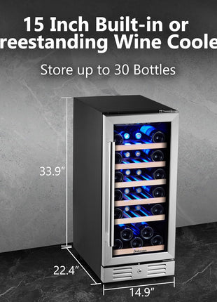 Kalamera 15 Inch Wine Cooler Refrigerator - 30 Bottle Under Counter Mini Fridge with Double-Layer Tempered Glass Door and Temperature Memory Function Built-in or Freestanding