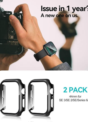 Smiling 2 Pack Case Compatible with Apple Watch SE 3 (2025)/ SE 2/ SE/Series 6/5/4 44mm with Tempered Glass Screen Protector, Hard PC Case Overall Protective Cover - Black