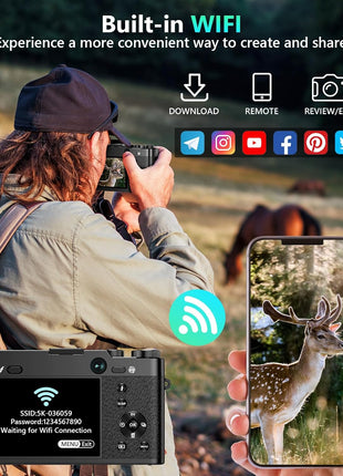 5K Digital Camera, 64MP Cameras for Photography with 6X Optical Zoom & Autofocus, WiFi Vlogging Camera for YouTube Video, Dual-Lens, 2 Batteries, 64GB Card & Flash, Best Cameras for Content Creators