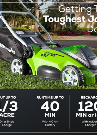 Greenworks 40V 16" (Push) Cordless Lawn Mower, 4.0Ah Battery (1/3 Acre, Push Button Start, Compatible with 75+ Tools)