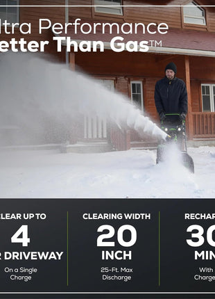 Greenworks 80V (75+ Compatible Tools) 20 inch Brushless Cordless Snow Blower, 2.0Ah Battery and Charger Included