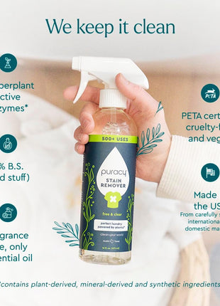 Puracy Stain Remover Spray, Natural Based Travel and Laundry Stain Cleaner for Clothes, Baby Essentials, Kids Stains, Oil and Fabric Spot Cleaner (Unscented, 12 oz)