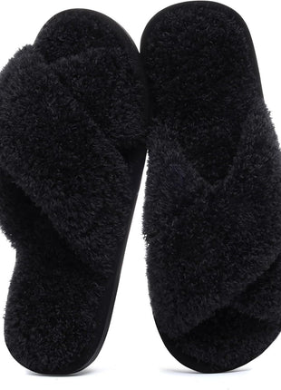 Evshine Women's Fuzzy Slippers Cross Band Memory Foam House Slippers Open Toe Indoor Outdoor Shoes, White, 38-39 (Size 7-8)