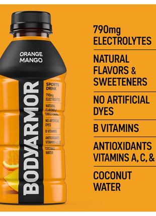 BODYARMOR Sports Drink Sports Beverage, Orange Mango, Coconut Water Hydration, Natural Flavors With Vitamins, Potassium-Packed Electrolytes, Perfect For Athletes, 16 Fl Oz (Pack of 12)