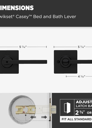 Kwikset Casey Interior Privacy Door Handle with Lock, Door Lever For Bathroom and Bedroom, Matte Black Reversible Keyless Turn Lock, with Microban Protection