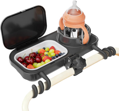 Universal Stroller Snack Tray, Easy Clean Removable Silicone Insert | for Mockingbird Nuna Bugaboo, Dual-Lock Sturdy Grip, Different Size Cups Holder, Easy to Attach, Toddler Snacking On The Go