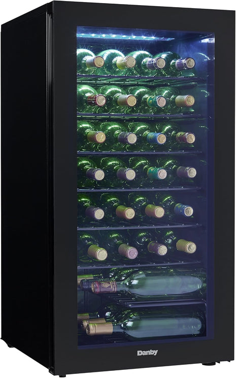 Danby DWC036A2BDB-6 3.3 Cu. Ft. Free Standing Wine Cooler, Holds 36 Bottles, Single Zone Drinks Fridge with Glass Door-Beverage Chiller for Kitchen, Home Bar, in Black