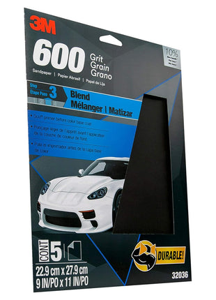 3M Wetordry Sandpaper, 32036, 600 Grit, 9 in x 11 in, 5 Sheets Per Pack