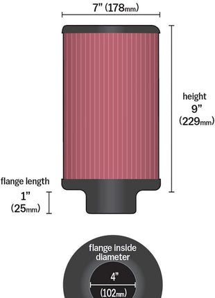K&N High-Flow Original Lifetime Universal Clamp-On Air Filter: High Performance, Premium, Washable: Flange Diameter: 4 In, Filter Height: 9 In, Flange Length: 1 In, Shape: Round, RD-1460