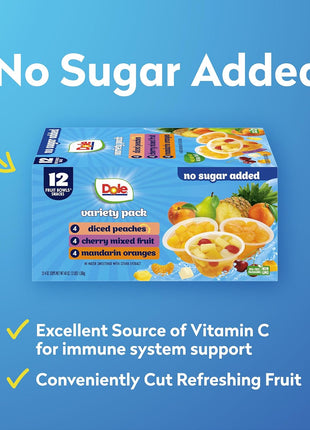 Dole Diced Peaches, Mandarin Oranges, and Cherry Mixed Fruit with No Sugar Added Variety Pack - Dole Fruit Bowls Snacks - 4 oz Bowls - 12 Pack