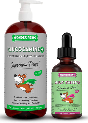 Liquid Glucosamine Drops Plus Milk Thistle Drops - for Dog Joint Health, Mobility Support, Liver, Detox & Overall Wellness – Liquid Glucosamine 16 Ounces - Milk Thistle 2 Ounces
