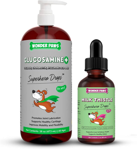 Liquid Glucosamine Drops Plus Milk Thistle Drops - for Dog Joint Health, Mobility Support, Liver, Detox & Overall Wellness – Liquid Glucosamine 16 Ounces - Milk Thistle 2 Ounces
