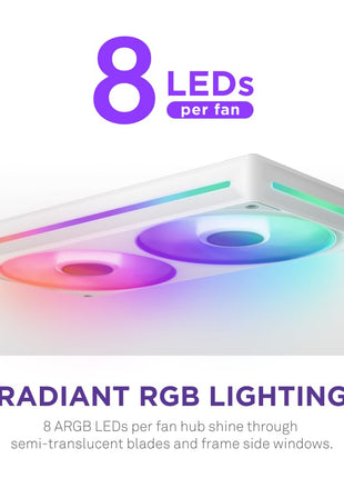 NZXT F240 RGB Core - 240mm Single-Frame RGB Fan Unit - White | 240mm single-frame unit with two 120mm RGB fans on one cable. Speed and lighting controlled through CAM.