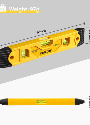 Torpedo Level Magnetic, Firecore 9 Inch Shockproof Small Leveler Tool with 3 Bubble Spirit Level 45 90 180 Degree, Construction Levelers for Hanging Pictures Install Shelf Home Renovation