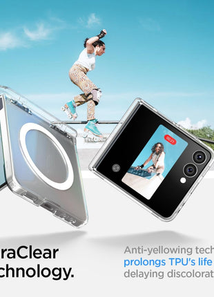 Spigen for Galaxy Z Flip 7 Case, Ultra Hybrid Pro MagFit [Hinge Protection] [Qi2.1 Certified/Magnet for Galaxy] - Clear White