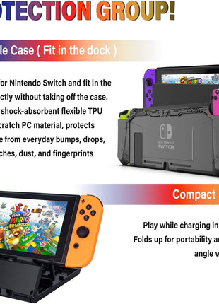 Deruitu Switch Accessories Bundle Compatible with Nintendo Switch, Kit with Carrying Case, Screen Protector, Compact Playstand, Game Case, Joystick Cap, Charging Dock,Steering Wheel, (18 in 1)