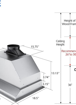 IKTCH 36 inch Built-in/Insert Range Hood 900 CFM, Ducted/Ductless Convertible Duct, Stainless Steel Kitchen Vent Hood with 2 Pcs Adjustable Lights and 3 Pcs Baffle Filters with Handlebar(IKB02-36'')