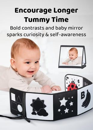High Contrast Baby Book, Black and White, Tummy Time Mirror Toy | Newborn visual stimulation 0-6 months, Montessori sensory play, soft crinkle pages, folds flat, ties to crib and stroller