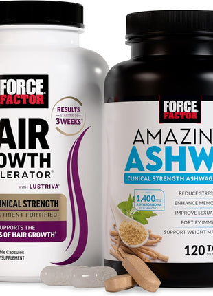 Hair Growth Accelerator Capsules, Lustriva & Biotin to Promote Thicker, Stronger, Fuller Hair, 90ct + Amazing Ashwa Ashwagandha Supplement with KSM-66 Ashwagandha for Stress, 120 Tablets