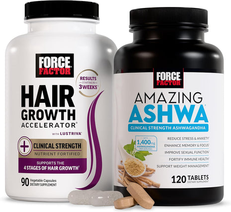 Hair Growth Accelerator Capsules, Lustriva & Biotin to Promote Thicker, Stronger, Fuller Hair, 90ct + Amazing Ashwa Ashwagandha Supplement with KSM-66 Ashwagandha for Stress, 120 Tablets