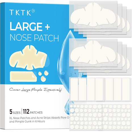 TKTK Hydrocolloid Nose Patches, XL Nose Pore Strips 91 x 48 mm, Large Hydrocolloid Acne Pimple Patches for Face, Cover Zit Blemishes & Absorb Oil (Nose Contoured, Strip, Dots 5 Sizes 112 Count)