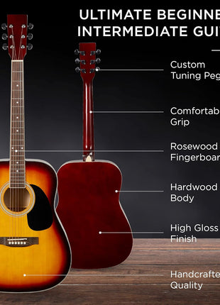 Best Choice Products 41in Full Size Beginner All Wood Acoustic Guitar Starter Set w/Gig Bag, Strap, Capo, Strings, Picks - Sunburst