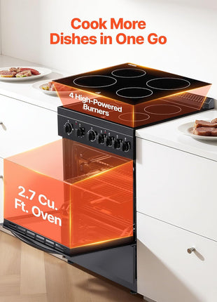 VEVOR 24in Electric Range Oven, 2.7Cu. Ft. Capacity Compact Freestanding Oven, Stainless Steel Kitchen Stove, with 4 Burners, Easy Reach Racks, Storage Drawer, Drip Pan, Indicator Light(No Power Cord)