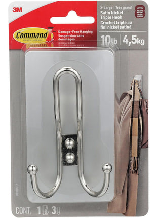 Command X-Large Satin Nickel Triple Hook, 1 Hook, 3 Strips, Damage-Free Hanging Wall Hooks with Adhesive Strips, No Tools Wall Hooks for Hanging Decorations in Living Spaces